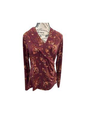 Tahari Long Sleeve Maroon Paisley Faux Wrap Ruffle Blouse NWT Size L